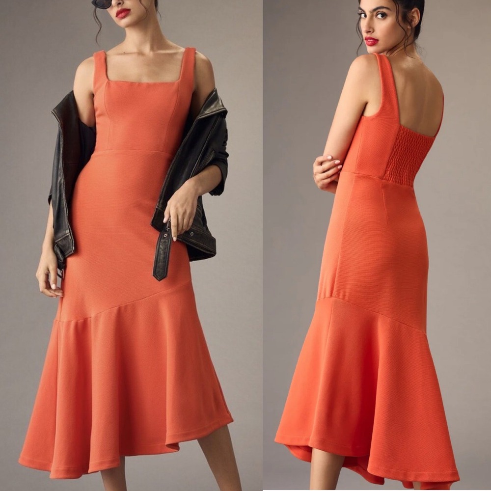 Anthropologie The Ariana Square-Neck Asymmetrical Ruffle-Hem Dress Small Orange